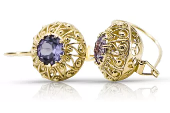 Kolczyki z żółtego 8k złota 333 z Aleksandrytem vec002x-ax Sowiecki styl Vintage unikatowe Art Deco